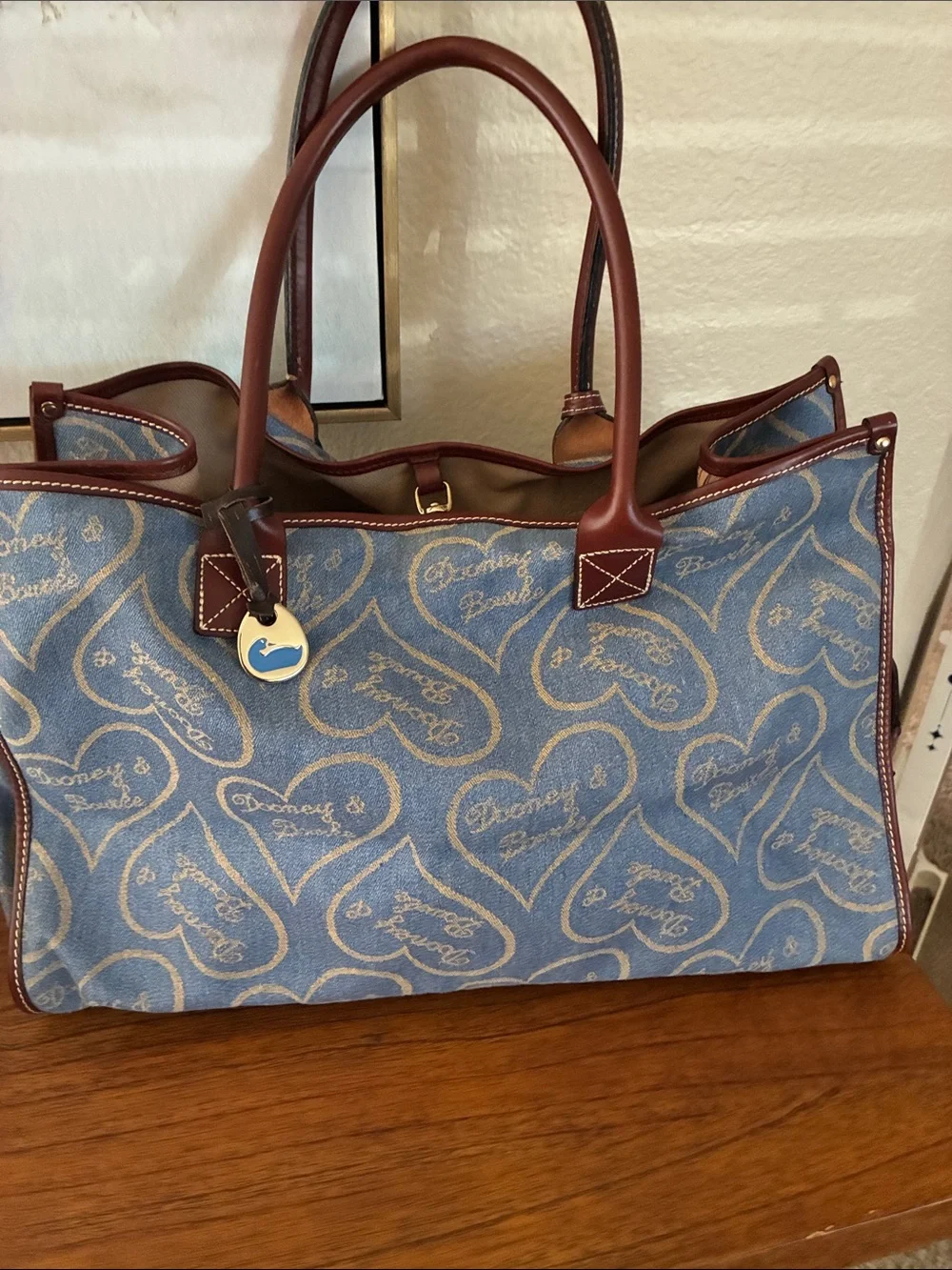 Dooney & Bourke rare vintage Blue Heart-denim leather trim tote bag